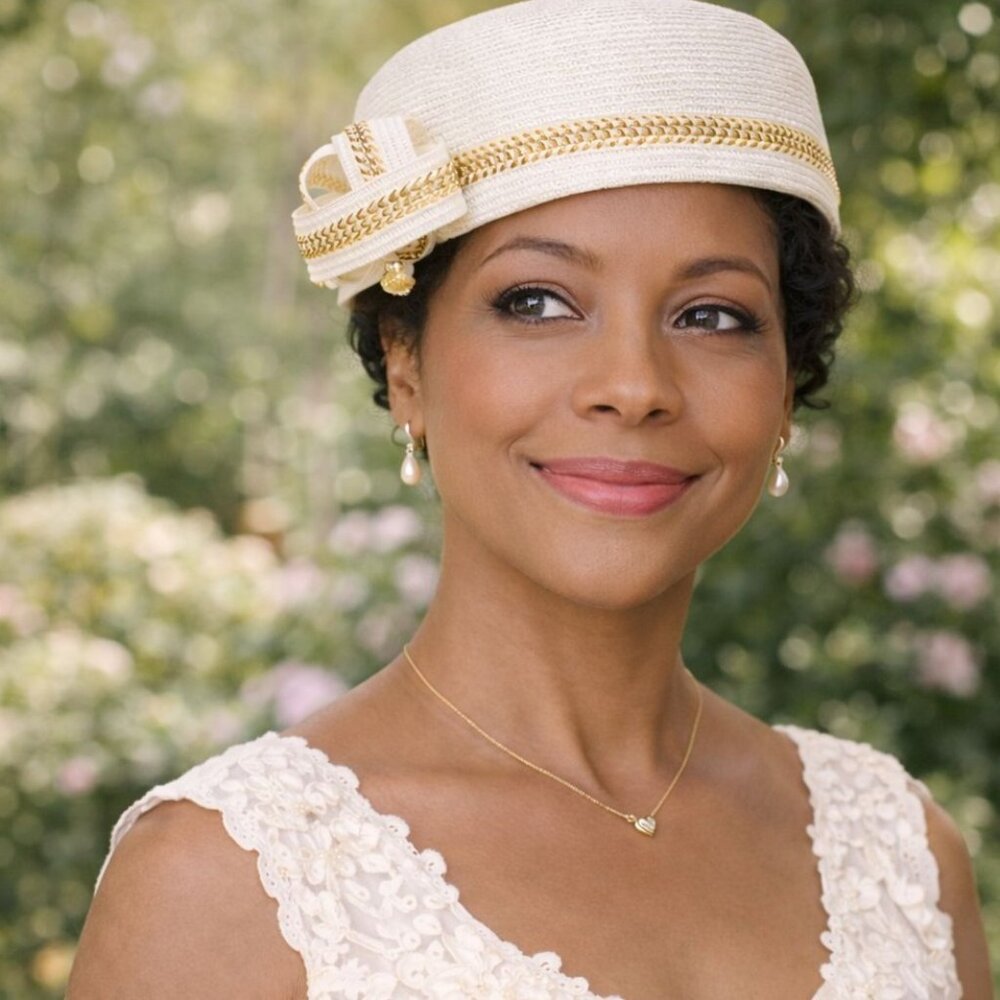 White Pillbox Hat Gold Trim Bow VTG August Accessories Church Derby Fascinator